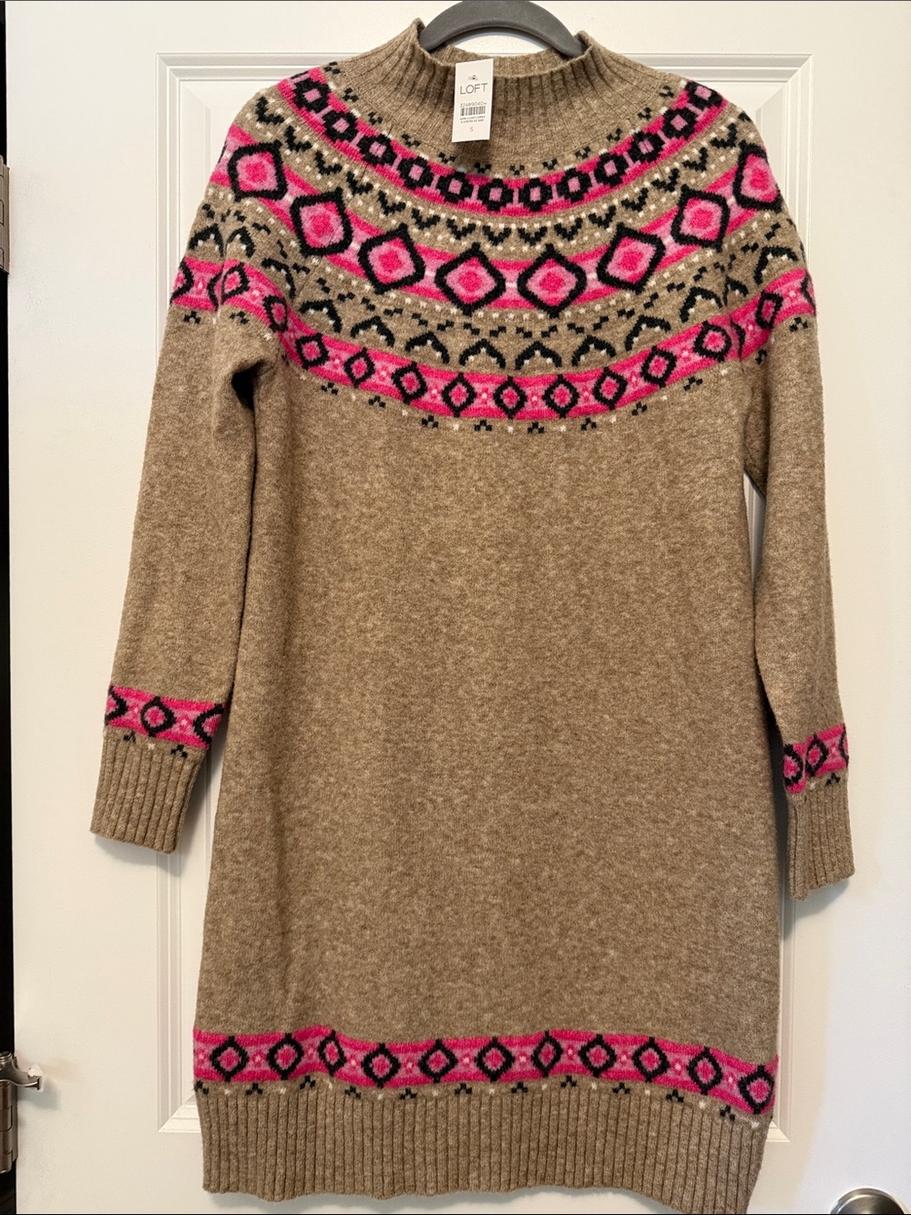 LOFT Tan Sweater Dress with Pink and Black Fair Isle Yoke